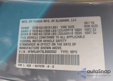 2020 Honda Odyssey Ex-L/Ex-L W/Navi Res z USA, uszkodzony, nr VIN 5FNRL6H75LB003582